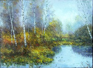 Картина Туман над озером / Масло и холст / Хохорь А.Ю. / пейзаж,осень,туман,деревья,березы,березки,река,вода