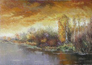 Картина Хмурая осень / Масло и холст / Хохорь А.Ю. / облака,хморое,река,деревья,осень,ветер