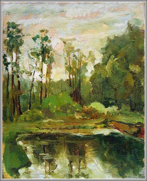 Картина Лесное озеро / Масло и холст / Хохорь А.Ю. / лес озеро весна пруд деревья