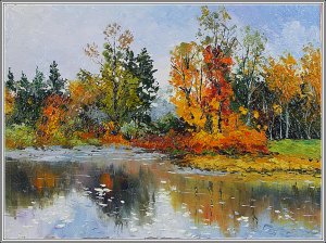 Картина Осенью у пруда. / Масло и холст / Хохорь А.Ю. / осень пруд деревья тихо озеро