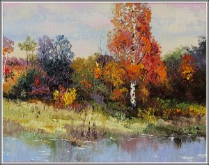 Картина Берёзка в красном / Масло и холст / Хохорь А.Ю. / берёзка, осень, вода, пруд, кусты