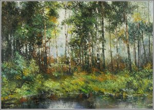 Картина Летом в лесу / Масло, холст / Хохорь А.Ю. / лес, лето, чаща, берёзы, озеро, пруд, река